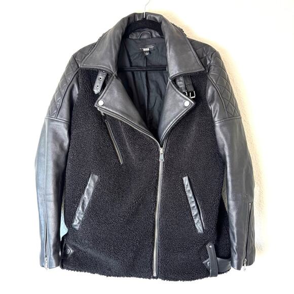 Slate & Willow Black Genuine Leather & Sherpa Moto Jacket Size Large - Picture 1 of 9